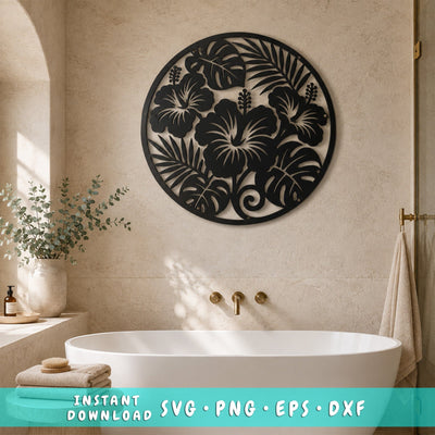 Hibiscus Flower Laser SVG | Round Floral Wall Art DXF | Tropical Leaves CNC File | Plasma Cut Metal Decor | Monstera Leaf Svg SVG HappyDesignStudio 