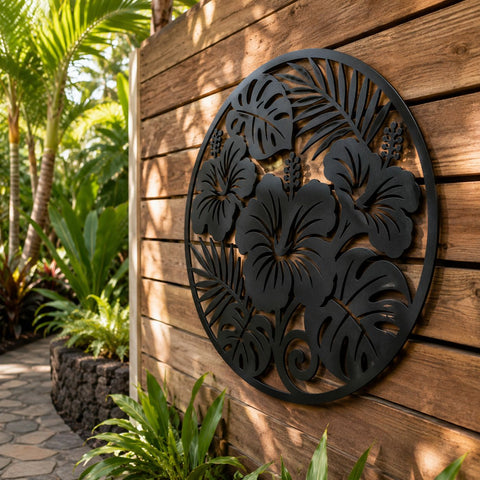 Hibiscus Flower Laser SVG | Round Floral Wall Art DXF | Tropical Leaves CNC File | Plasma Cut Metal Decor | Monstera Leaf Svg SVG HappyDesignStudio 