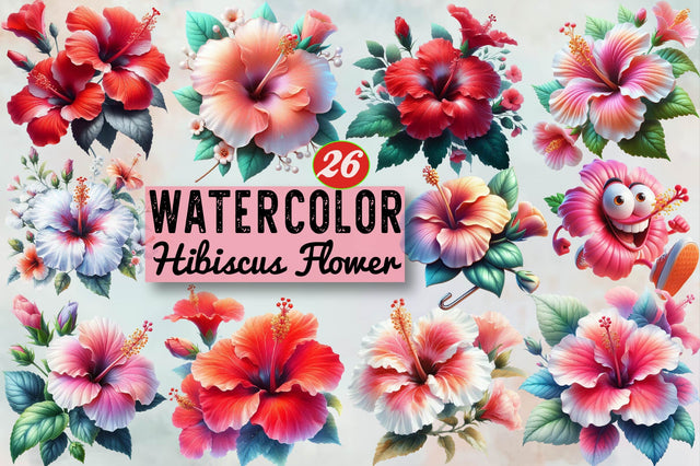 Hibiscus Flower Watercolor ClipArt's PNG Sublimation Clipart Bundle Sublimation SVGArt 