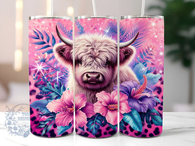 Hibiscus Highland Cow 20oz Skinny Tumbler, Highland Cow Tumbler Png, Straight & Tapered Tumbler Wrap, Instant Digital Download Sublimation ToriDesigns 