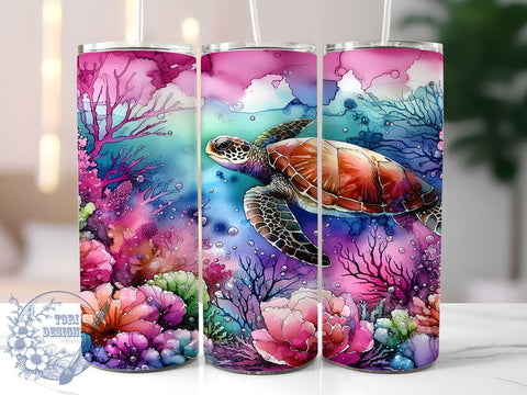 Hibiscus Sea Turtle 20oz Skinny Tumbler, Floral Turtle Tumbler Png, Straight & Tapered Tumbler Wrap, Instant Digital Download Sublimation ToriDesigns 