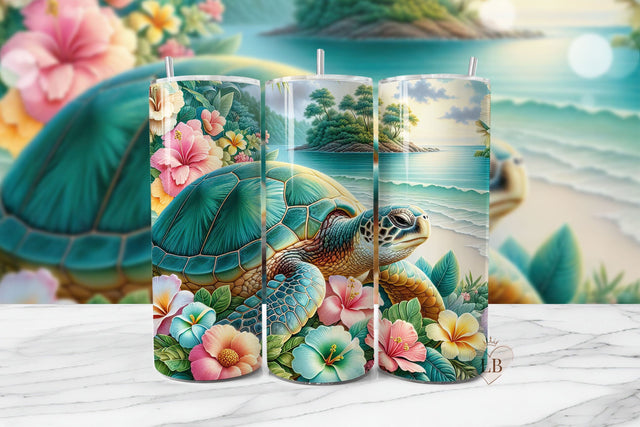 Hibiscus Turtle Tumbler Wrap, 20oz Bright Floral Sublimation Sublimation BijouBay 
