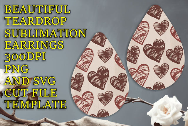 high-quality PNG, Elegant teardrop earrings sublimation design, Heart Sublimation HoodArtCraft 