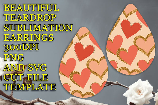 High-quality sublimation template for teardrop earrings, PNG, Heart Sublimation HoodArtCraft 