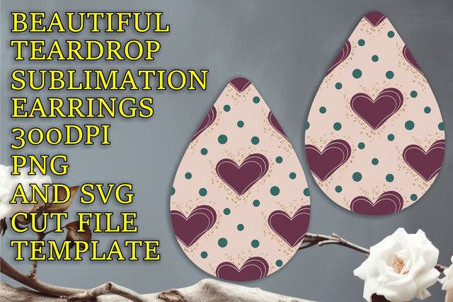 High-quality teardrop earrings design, easy PNG download, Heart Sublimation HoodArtCraft 