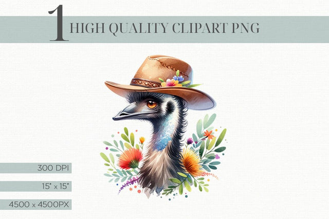 High Quality Watercolor Australian Emu with Flowers Clipart Sublimation BijouBay 