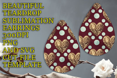 High-resolution teardrop earrings design, vibrant PNG, Heart Sublimation HoodArtCraft 