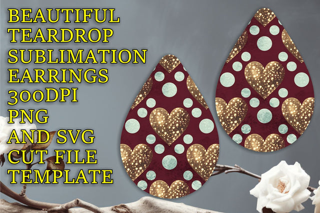 High-resolution teardrop earrings design, vibrant PNG, Heart Sublimation HoodArtCraft 