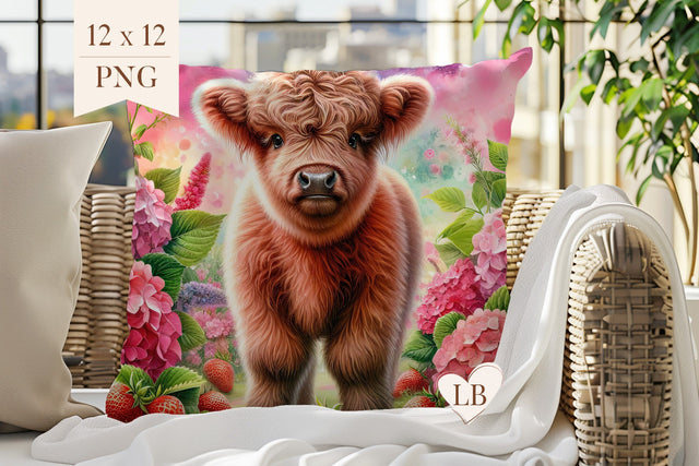 Highlanc Cow Pillow Sublimation - Floral Pillow Cover PNG Sublimation BijouBay 
