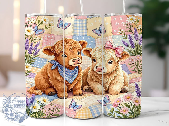 Highland Calf Patchwork Glow 20oz Tumbler, Highland Calf, Patchwork Pattern, Rustic Charm, Farmhouse Style, Glow Effect, Skinny Tumbler, Sublimation PNG Sublimation ToriDesigns 