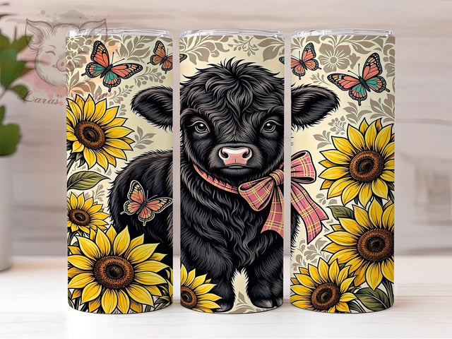 Highland Calf Sunflower 20oz Tumbler, Highland Calf, Sunflower Motif, Rustic Style, Farmhouse Charm, Butterfly Accent, Skinny Tumbler, Sublimation PNG Sublimation Lara' s Designs 