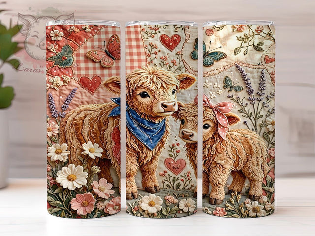 Highland Calves Patchwork 20oz Tumbler, Highland Calves, Patchwork Pattern, Rustic Style, Farmhouse Charm, Cozy Quilt, Skinny Tumbler, Sublimation PNG Sublimation Lara' s Designs 