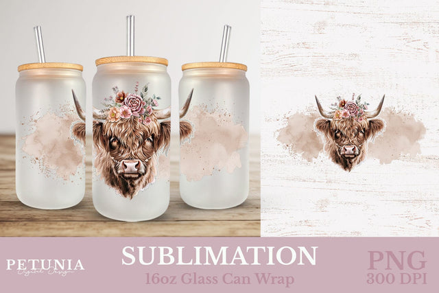 Highland Cow 16oz Glass Can PNG | Sublimation Glass Can PNG Sublimation Petunia Digital Design 