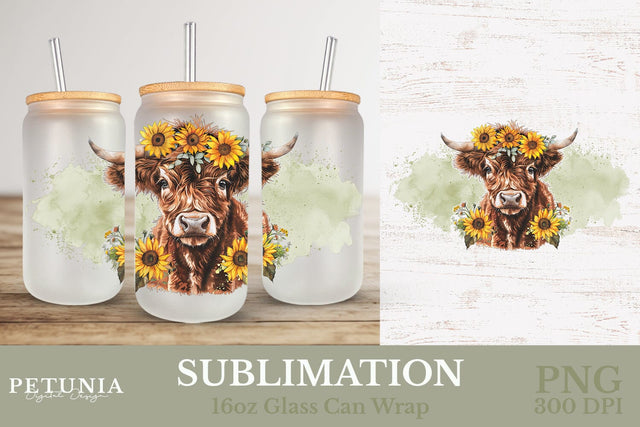 Highland Cow 16oz Glass Can PNG | Sublimation Glass Can PNG Sublimation Petunia Digital Design 