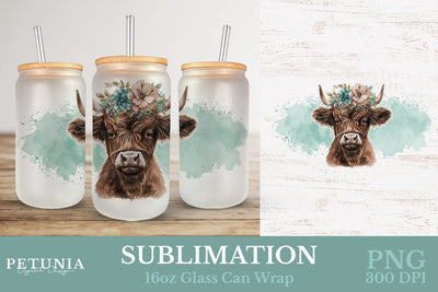 Highland Cow 16oz Glass Can PNG | Sublimation Glass Can PNG Sublimation Petunia Digital Design 