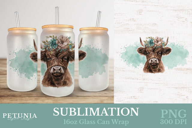 Highland Cow 16oz Glass Can PNG | Sublimation Glass Can PNG Sublimation Petunia Digital Design 
