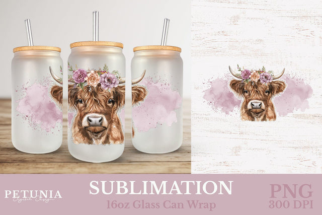 Highland Cow 16oz Glass Can PNG | Sublimation Glass Can PNG Sublimation Petunia Digital Design 