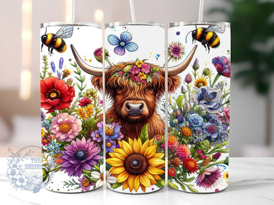 Highland Cow 20 oz Skinny Tumbler Sublimation Design, Bee Floral Tumbler Png, Straight & Tapered Tumbler Wrap, Instant Digital Download Sublimation ToriDesigns 