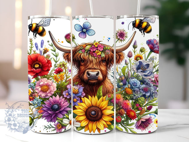Highland Cow 20 oz Skinny Tumbler Sublimation Design, Bee Floral Tumbler Png, Straight & Tapered Tumbler Wrap, Instant Digital Download Sublimation ToriDesigns 