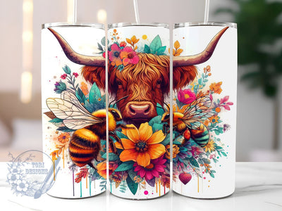 Highland Cow 20 oz Skinny Tumbler Sublimation Design, Bee Floral Tumbler Png, Straight & Tapered Tumbler Wrap, Instant Digital Download Sublimation ToriDesigns 
