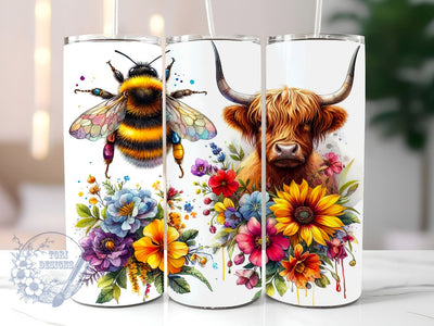 Highland Cow 20 oz Skinny Tumbler Sublimation Design, Bee Floral Tumbler Png, Straight & Tapered Tumbler Wrap, Instant Digital Download Sublimation ToriDesigns 