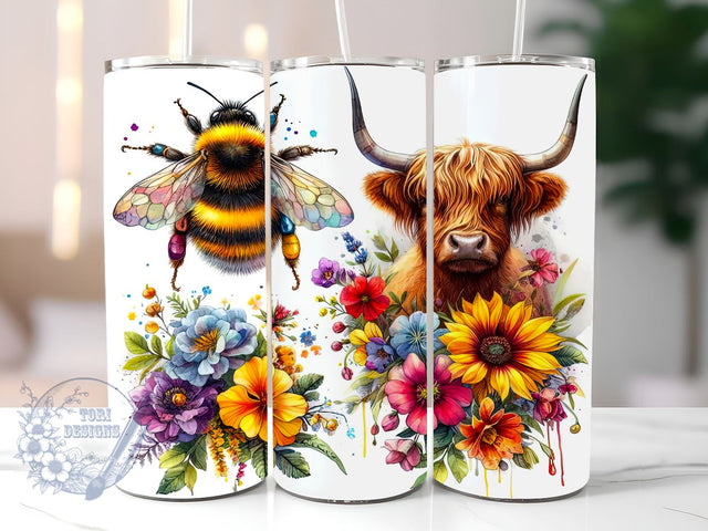 Highland Cow 20 oz Skinny Tumbler Sublimation Design, Bee Floral Tumbler Png, Straight & Tapered Tumbler Wrap, Instant Digital Download Sublimation ToriDesigns 