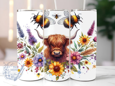 Highland Cow 20 oz Skinny Tumbler Sublimation Design, Bee Floral Tumbler Png, Straight & Tapered Tumbler Wrap, Instant Digital Download Sublimation ToriDesigns 