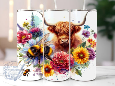 Highland Cow 20 oz Skinny Tumbler Sublimation Design, Bee Floral Tumbler Png, Straight & Tapered Tumbler Wrap, Instant Digital Download Sublimation ToriDesigns 