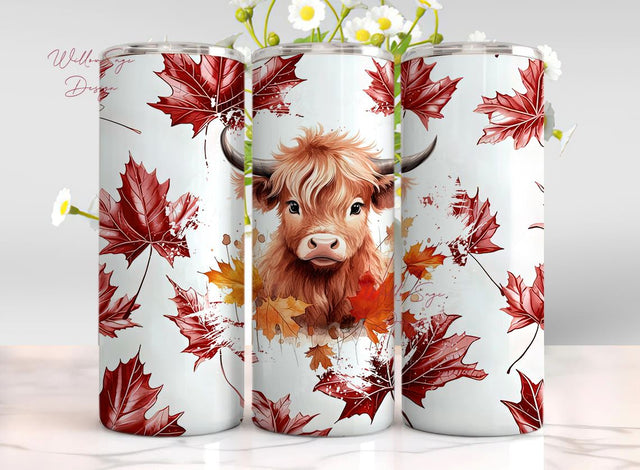 Highland Cow 20 oz Skinny Tumbler Sublimation Design Digital Download PNG Instant DIGITAL ONLY, Western Red Maple Leaf Canada Tumbler png Sublimation WillowSageDesign 