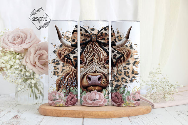 Highland cow 20oz Skinny Tumbler Sublimation Design Digital downloadable png 20 oz straight tumblerwrap png cheetah floral Tumbler wrap cow Sublimation sassyprint 