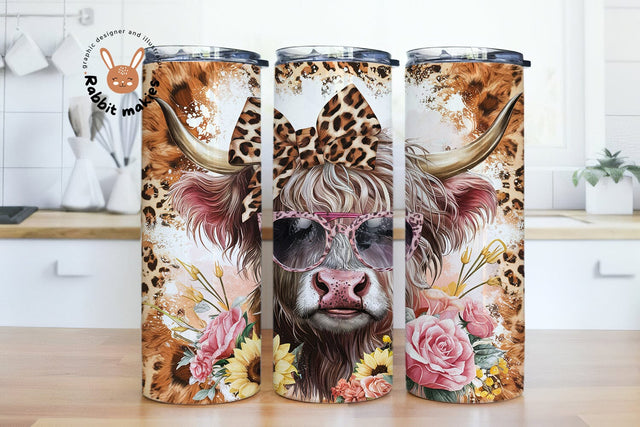 Highland Cow 20oz Skinny Tumbler Sublimation Design Png 20 oz Straight Tumbler Wrap Png Cheetah Floral Tumbler Wrap Cow, Digital Download Sublimation Rabbitmakies 