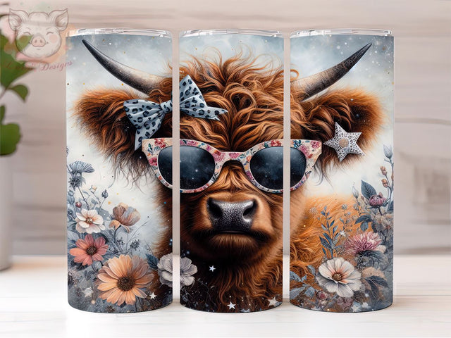 Highland Cow 20oz Tumbler Png, Straight & Tapered Tumbler Png, Floral Cow Tumbler Png, Digital Download PNG Sublimation Lara' s Designs 