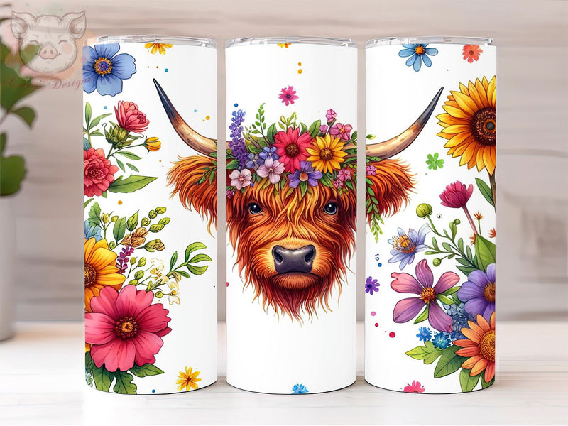 Highland Cow 20oz Tumbler Png, Sublimation Design, Flower Bee Tumbler Png, Digital Download PNG Sublimation Lara' s Designs 