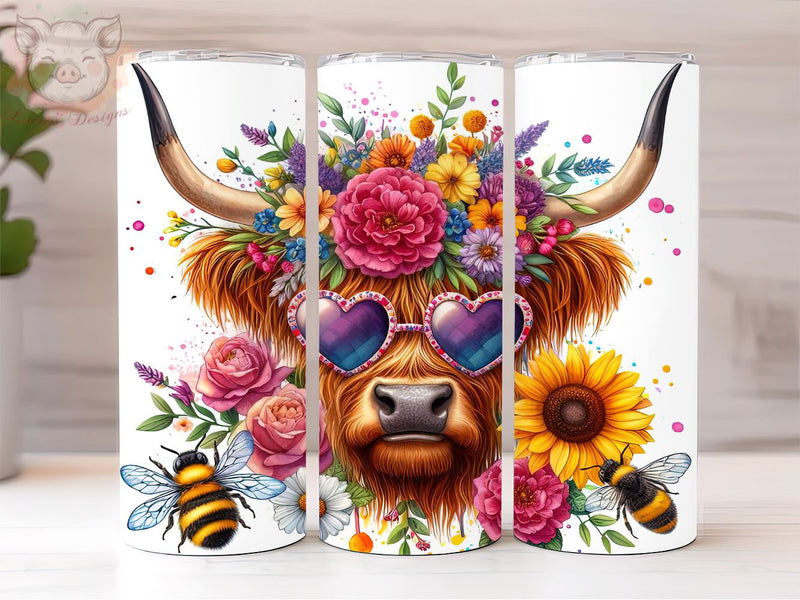 Highland Cow 20oz Tumbler Png, Sublimation Design, Flower Bee Tumbler Png, Digital Download PNG Sublimation Lara' s Designs 