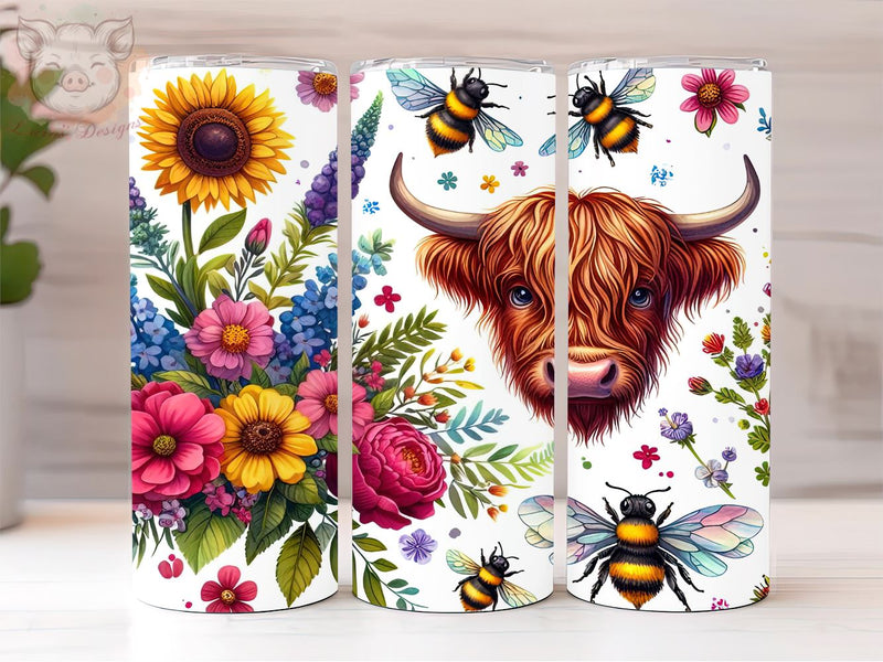 Highland Cow 20oz Tumbler Png, Sublimation Design, Flower Bee Tumbler Png, Digital Download PNG Sublimation Lara' s Designs 