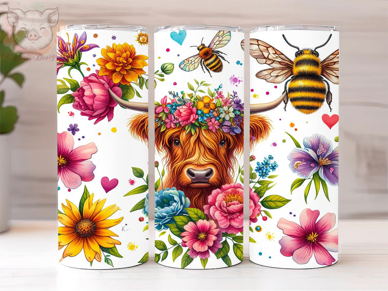 Highland Cow 20oz Tumbler Png, Sublimation Design, Flower Bee Tumbler Png, Digital Download PNG Sublimation Lara' s Designs 