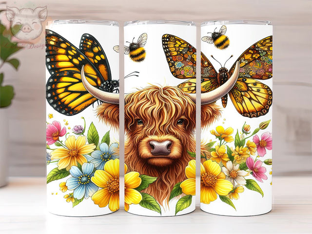 Highland Cow 20oz Tumbler Png, Sublimation Design, Flower Bee Tumbler Png, Digital Download PNG Sublimation Lara' s Designs 