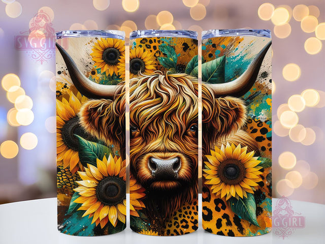 Highland Cow 20oz Tumbler Wrap Sublimation Design, Straight Tapered Tumbler Wrap, Highland Cow Sunflower Leopard Tumbler Png, Instant Digital Download Sublimation SvggirlplusArt 