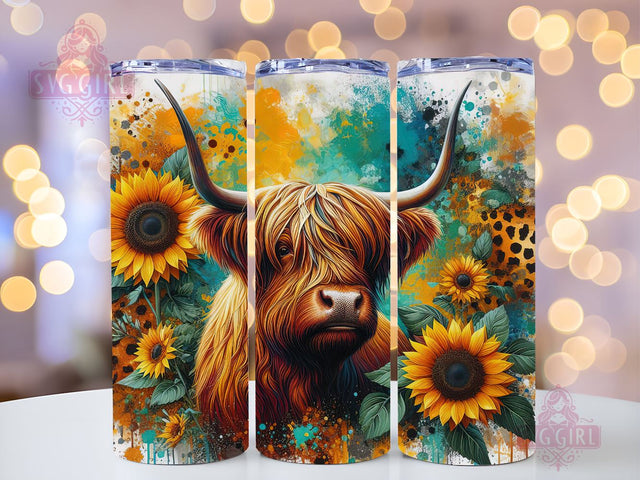 Highland Cow 20oz Tumbler Wrap Sublimation Design, Straight Tapered Tumbler Wrap, Highland Cow Sunflower Leopard Tumbler Png, Instant Digital Download Sublimation SvggirlplusArt 