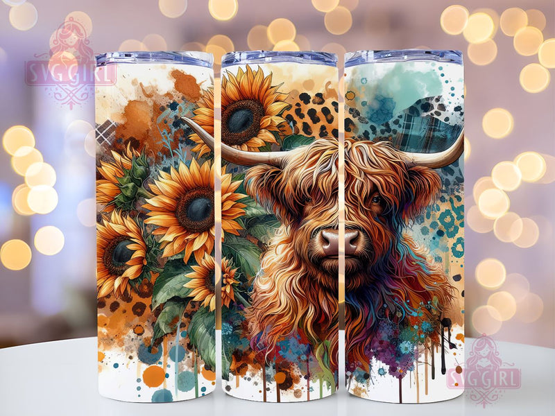 Highland Cow 20oz Tumbler Wrap Sublimation Design, Straight Tapered Tumbler Wrap, Highland Cow Sunflower Leopard Tumbler Png, Instant Digital Download Sublimation SvggirlplusArt 