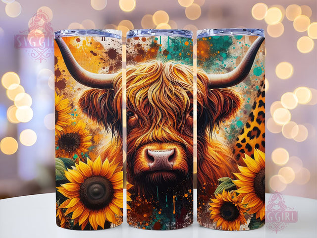 Highland Cow 20oz Tumbler Wrap Sublimation Design, Straight Tapered Tumbler Wrap, Highland Cow Sunflower Leopard Tumbler Png, Instant Digital Download Sublimation SvggirlplusArt 