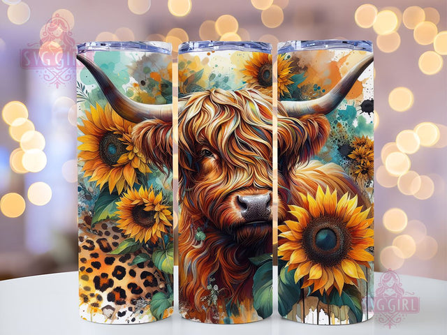 Highland Cow 20oz Tumbler Wrap Sublimation Design, Straight Tapered Tumbler Wrap, Highland Cow Sunflower Leopard Tumbler Png, Instant Digital Download Sublimation SvggirlplusArt 