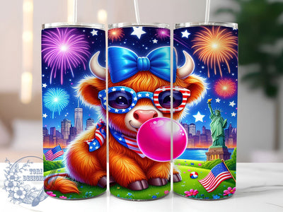 Highland Cow 4th July 20oz Tumbler, USA Flag Wrap, Sublimation Gift, Patriotic Mug, 20oz Tumbler Design, Highland Cow Graphic, Hand Drawn 4th of July Theme Sublimation ToriDesigns 