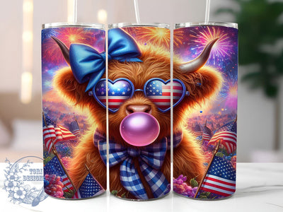 Highland Cow 4th July 20oz Tumbler, USA Flag Wrap, Sublimation Gift, Patriotic Mug, 20oz Tumbler Design, Highland Cow Graphic, Hand Drawn 4th of July Theme Sublimation ToriDesigns 