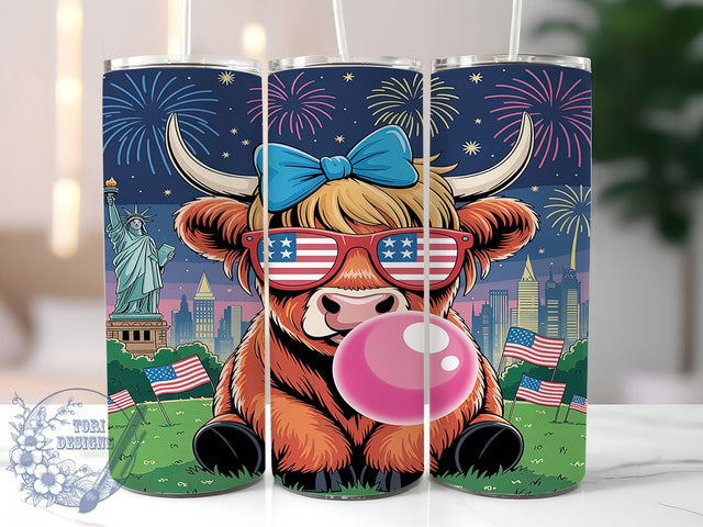 Highland Cow 4th July 20oz Tumbler, USA Flag Wrap, Sublimation Gift, Patriotic Mug, 20oz Tumbler Design, Highland Cow Graphic, Hand Drawn 4th of July Theme Sublimation ToriDesigns 