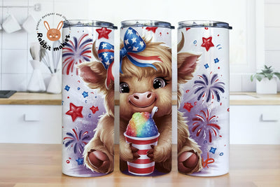 Highland Cow 4th Of July 20 oz Skinny Tumbler Sublimation Design, Highland Cow Tumbler Wrap, 4th Of July Tumbler Wrap Sublimation Rabbitmakies 