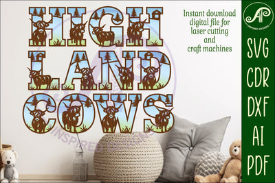 Highland cow alphabet letter set. 2 layer 56 letters. SVG APInspireddesigns 