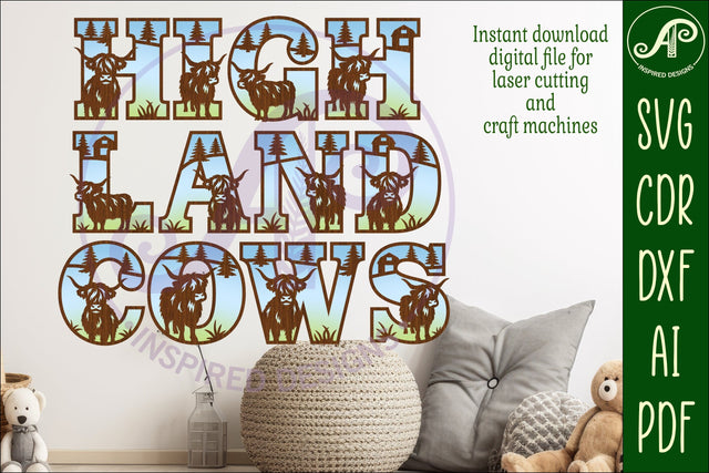 Highland cow alphabet letter set. 2 layer 56 letters. SVG APInspireddesigns 