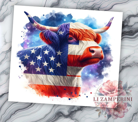 Highland Cow American Flag 20oz Tumbler Wrap PNG, 4th of July Tumbler Png, Straight & Tapered Tumbler Wrap, Instant Digital Download Sublimation Li Zamperini 