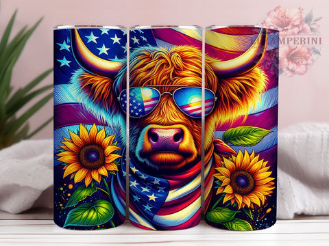 Highland Cow American Flag 20oz Tumbler Wrap PNG, 4th Of July Tumbler Png, Straight & Tapered Tumbler Wrap, Instant Digital Download Sublimation Li Zamperini 